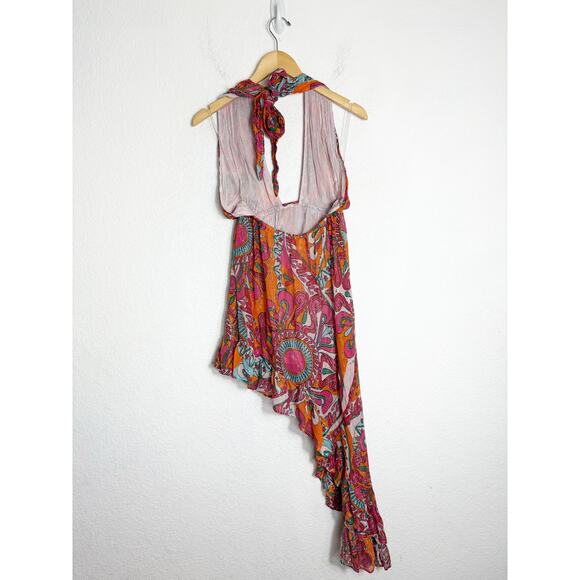 Sundress Amina Dress Size Large Fuchsia orange Print Halter Neck Asymmetric Hem - Picture 13 of 14